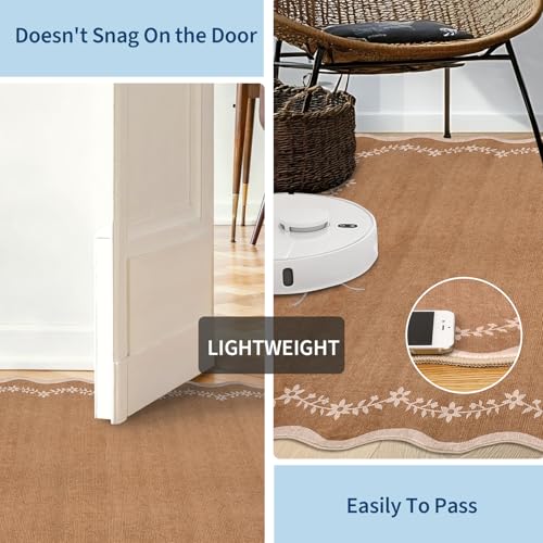 GarveeHome 2.5x10 Scalloped Washable Runner Rug Long Hallway Kitchen Rug | Soft Brown Hall Runner Non Slip Entryway Rug Farmhouse Thin Laundry Mat Stain Resistant Carpet for Bathroom Beside Rug - color: Brown, size: 2'6" x 10' (Rectangular)