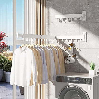HEILAIYI Clothes Drying Rack,Laundry Drying Rack,Wall Mounted Clothes Rack,Laundry Rack Wall Mount,Folding Retractable Collapsible Drying Rack Clothing (Three-Poles,Loop Hooks,White) - size: White/Loop-Shape Hooks