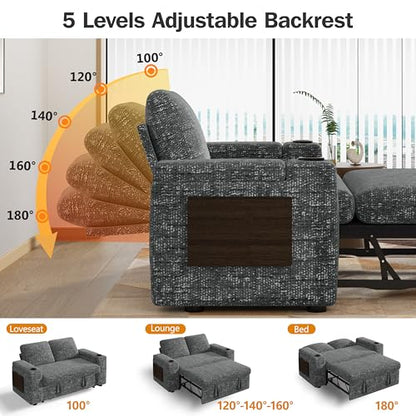 Vipbear 65" Loveseat Sleeper Sofa with Pull Out Bed, Chenille 3-in-1 Convertible Sofa Bed with Reclining Backrest|USB Ports|Cup Holders|Side Table|Storage Armrests, Tool Free Assembly, Grey - color: Grey