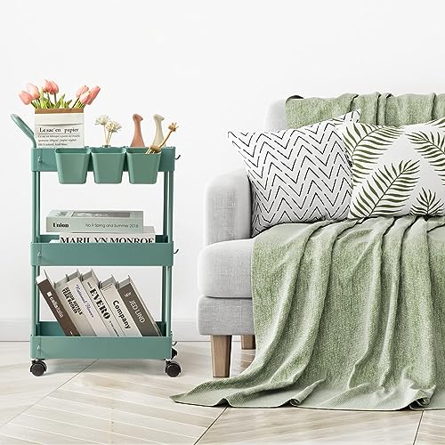 Storage Cart on Wheels, 3 Tier Bathroom Cart Organizer Slim Laundry Narrow Shelf with Wheels Dividers Hanging Cups Hooks Handle Easy Assembly, Green - style: 3 Tier Green