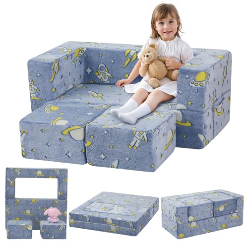 MeMoreCool Glow Modular Kids Couch, Denim Rocket | modular foam seating, removable washable cover, rocket glow design, lightweight pieces, playroom furniture - color: Denim Rocket