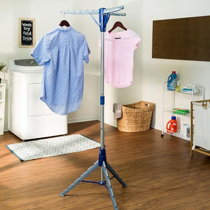 Honey-Can-Do 64-Inch Steel Tripod Clothes Drying Rack, Foldable Collapsible Laundry Stand with 3 Rotatable Arms, Holds 30 Hangers, Space-Saving Indoor Outdoor Air Dry Rack, Blue - style: 1 Tier