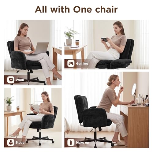 FiveWillowise Cross Legged Office Chair with Flip-up Arms&Low Back,Black | Criss Cross Chair With Thicken Wide Seat,Lounge Makeup Vanity Chairs with Side Pockets,Comfy Home Office Desk Chair,Chenille - color: Black