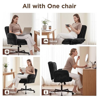 FiveWillowise Cross Legged Office Chair with Flip-up Arms&Low Back,Black | Criss Cross Chair With Thicken Wide Seat,Lounge Makeup Vanity Chairs with Side Pockets,Comfy Home Office Desk Chair,Chenille - color: Black