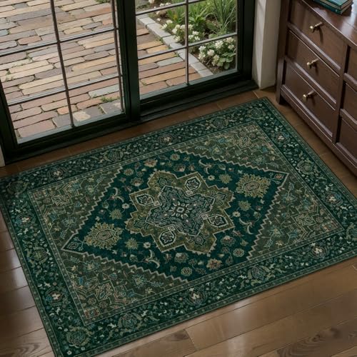 Tangsoo Dark Green 2x3 Small Rugs for Entryway, Washable Vintage Non Slip Oriental Rug, Indoor Front Door Rug, Print Door Mat Small Carpet, Soft Low Pile Rugs for Entrance Kitchen Bedroom Home Decor - color: Dark Green, size: 2' X 3' (Rectangular)