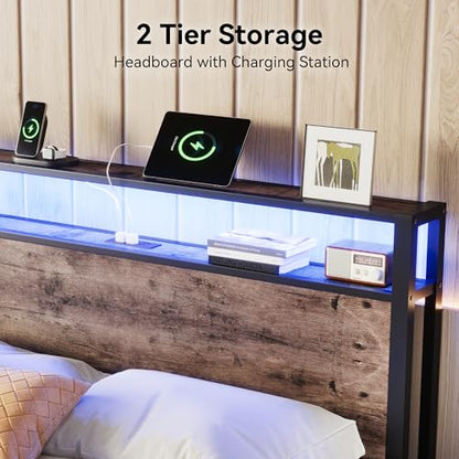 Susalt Full Size Bed Frame with Storage Headboard, Sturdy Metal Platform Bed Frame with LED Lights and Charging Station, Easy Assembly, No Box Spring Needed, Noise Free, Rustic Brown - size: Full