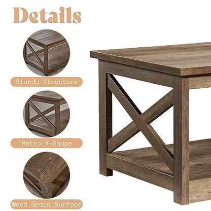 AMERLIFE 3 Piece Farmhouse Living Room Coffee Table Set, Barnwood | Coffee Table & 2 End Tables with Charging Station and USB Ports, Farmhouse Style, Barn Door Design, Living Room Furniture - color: Barnwood