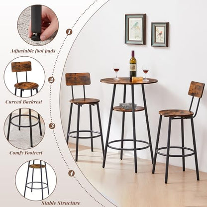 23.6” Diameter Round Bar Table Set for 2 with Storage Shelf, Counter Height Pub Table and Chairs, Small Round Kitchen Table with Backrest Stools for Small Spaces, Breakfast Nook Dining Table - color: Rustic Brown, style: Round w/ Wood Seat Stool