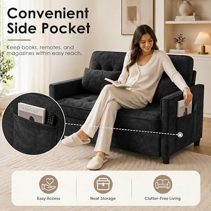 Dreamzie 55'' 3 in 1 Convertible Sofa Bed with USB Charging Ports, Pull Out Couch with Adjustable Backrest and Side Pockets, Sleeper Sofa for Living Room, Apartment, RV, Easy Assembly - Black - color: Black