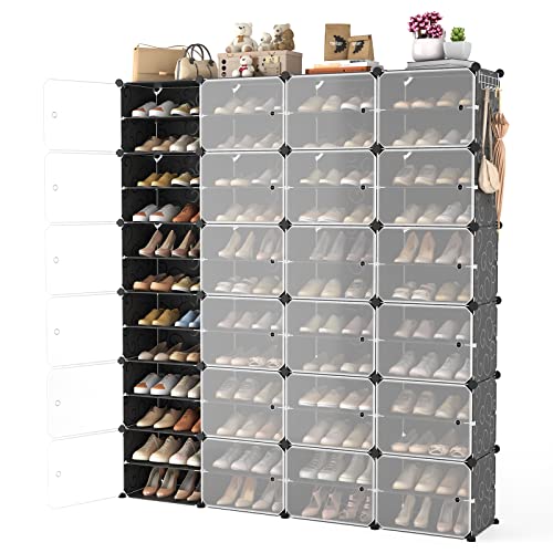 Portable Shoe Rack Organizer with Door, 96 Pairs Shoe Storage Cabinet Easy Assembly, Plastic Adjustable Shoe Storage Organizer Stackable Detachable Free Standing DIY Expandable 12 Tier Black - color: Black, size: 64" Wide-96 Pairs