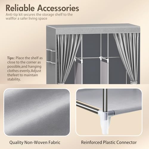 Portable Closet, Storage Organizer Wardrobe, Non-Woven Fabric Cover | 3 Hanging Rods, 6 Storage Shelves and Side Pockets, Free Standing Clothes Rack with Non-Woven Fabric Cover, Grey