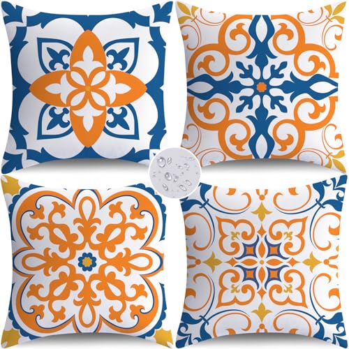 NIGHTWISH Outdoor Waterproof Pillow Covers 16x16 Set of 4 Yellow Boho Decorative Outdoor Throw Pillows Floral Cushion Cases for Patio Furniture Bench Couch Sunbrella - color: Yellow, size: 16" x 16" (Pack of 4)