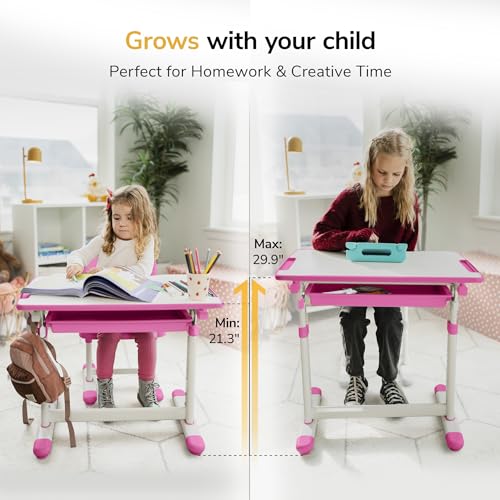 Mount-It! Kids Desk and Chair Set, Height Adjustable Sturdy, Girl Desk, Child Study Desk and Chair Set for Boys, Table for Art, Home School, Drafting, Ergonomic with Storage Drawer, Pink - color: Pink