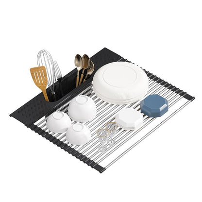 Roll Up Dish Drying Rack Over Sink, 20" X 15.2" Foldable SUS304 Stainless Steel Kitchen Dish Drainer, Heat-Resistant Multipurpose Rolling Sink Rack Organizer, Black - size: Black（20" X 15.2"）