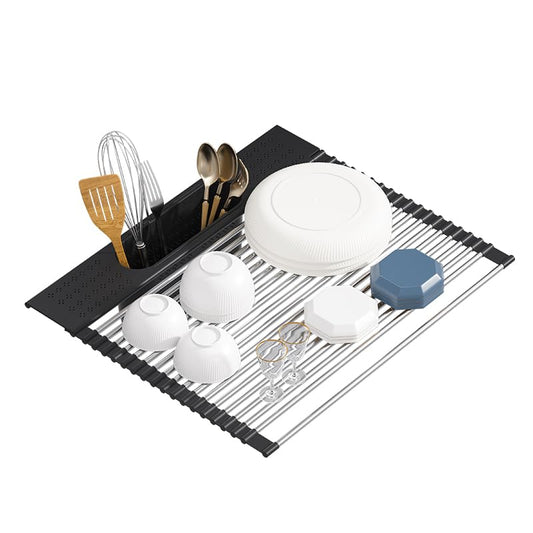 Roll Up Dish Drying Rack Over Sink, 20" X 15.2" Foldable SUS304 Stainless Steel Kitchen Dish Drainer, Heat-Resistant Multipurpose Rolling Sink Rack Organizer, Black - size: Black（20" X 15.2"）