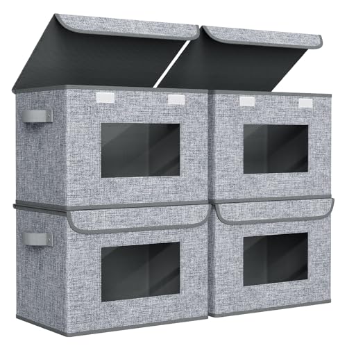 Univivi Fabric Storage Bins with Lids for Clothes 4 Pack, Grey Linen | 17 x 12 x 12 In Foldable Storage Boxes with Handles, Clear Window, Closet Organizers for Home, Bedroom - color: Linen Grey