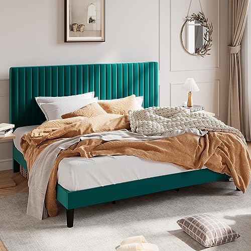 SHA CERLIN King Upholstered Platform Bed Frame with Vertical Channel Tufted Velvet Fabric Adjustable Headboard, Wooden Slats Support, Mattress Foundation, Box Spring Optional, Teal - color: Teal, size: King