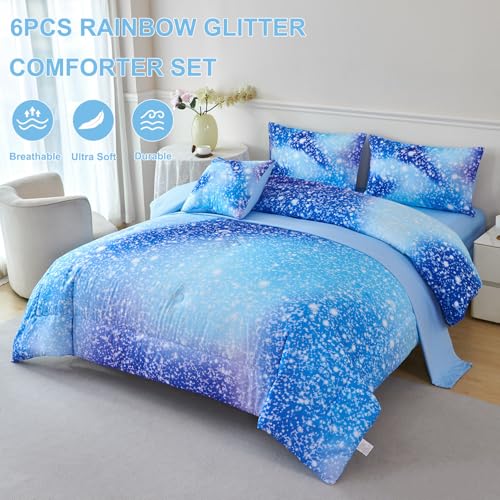 Queen Comforter Set with Sheets Blue | 6 Pieces, Girls Bedding Set, Colorful Rainbow Bed in A Bag, Glitter Bed Sets for Kids, Teen Girl Comforter Set with Sheets - color: Light and Dark Blue, size: Queen