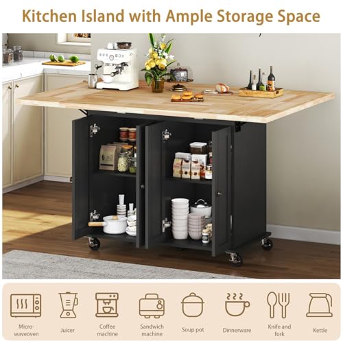 62.8 INCH Rolling Kitchen Island Cart with Double Drop Leaf, Small Mobile Kitchen Cart on Wheels, Folding Kitchen Island with Large Tbletop, Adjustable Shelves for Dining Room - color: Black