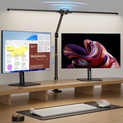 Ring Light with Stand, Sensor Switch Dual Light Head | Desk Lamps for Home Office 270° Rotatable & Extendable Aluminum Alloy Arm, Eye-Caring, 24W Dimmable Desk Light with Clamp