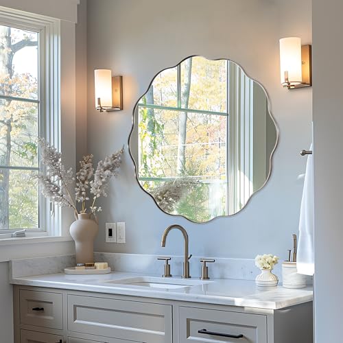 Brushed Nickel Round Bathroom Mirror, 30 Inch Round Circle Mirror in Stainless Steel Metal Frame, Large Silver Vanity Mirror with Unique Wavy Design - color: Brushed Nickel, size: 30"L x 30"W