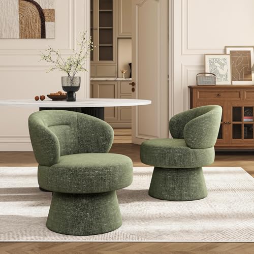 360° Swivel Accent Chair, Modern Chenille Barrel Chairs with Curved Back, Upholstered Round Lounge Chairs for Living Room, Bedroom, Vanity, Reading Nook, Small Spaces, Olive Green - color: Green 01, size: 1 Chair