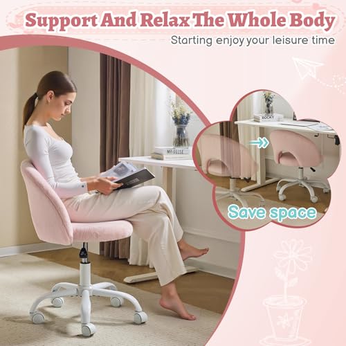 VINGLI Small Vanity Chair with Faux Fur Wheels for Girls,Cute Adjustable Height Armless Office Desk Chair,360°Swivel Comfy Rolling for Study,Make up Room,Small Space,Light Pink - color: Furry Pink