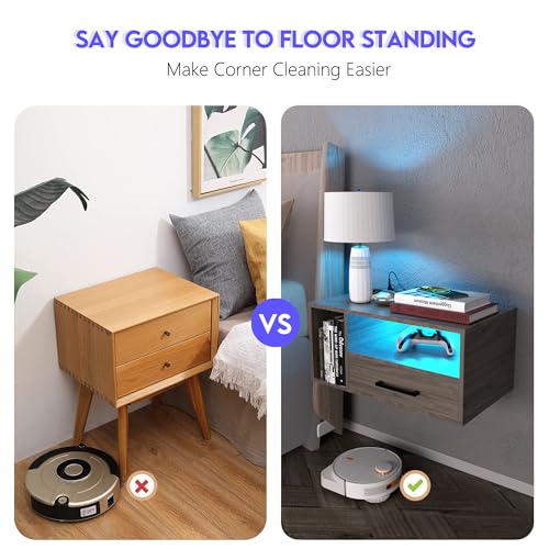 Floating Nightstand with Lights, Grayish Brown | Floating Bedside Table with Drawers Wall Mounted Nightstands,for Bedroom Room, 21.3" x 11.8" x 10" - color: Grayish Brown