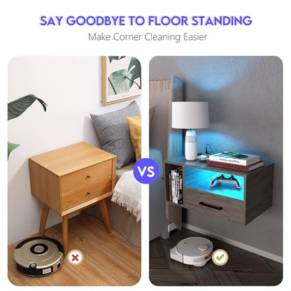 Floating Nightstand with Lights, Grayish Brown | Floating Bedside Table with Drawers Wall Mounted Nightstands,for Bedroom Room, 21.3" x 11.8" x 10" - color: Grayish Brown