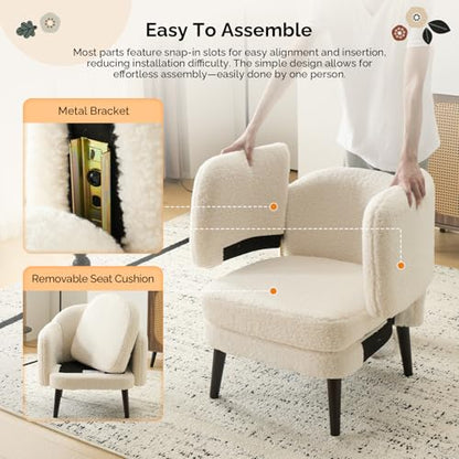 VINGLI 30.3" Wide Modern Barrel Accent Armchairs Set of 2 with Track Armrest, Solid Wooden Legs, Comfy Upholstered Club Chairs, Single Home Sofa for Living Room, Bedroom, Reading,Teddy Fleece White - color: White