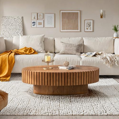 Oval Drum Fluted Coffee Table (E) | Modern Wood Coffee Table with Circle Pedestal Center Tables Fluted Accent Tea Tables for Apartment Living Room - color: E