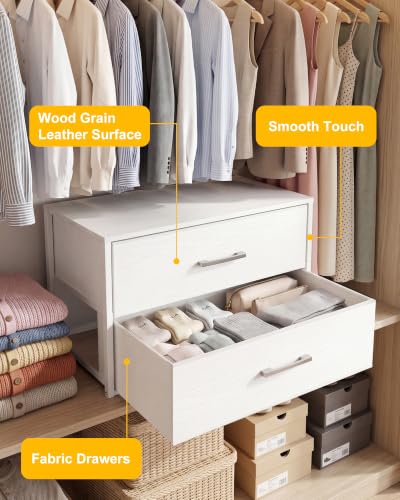 Fixwal Closet Drawers for Clothes, 1 Pack, 2 Drawers Dresser, 21.2" Wide | height 16.1", 2 fabric storage drawers, wooden top, white, spacious storage, dresser for bedroom - size: 15.7"D x 21.2"W x 16.1"H