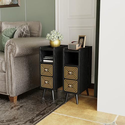 Nightstands Set of 2,Night Stand Bed Side Table with Storage Space,Wooden Bedside Table with Open Shelf,2 Drawers,End Table with Solid Wood Feet for Bedroom,College Dorm,Entryway (Black) - color: Black