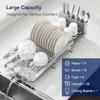 Stainless Steel Dish Drying Rack - Expandable Dish Racks for Kitchen Counter Organizer with Drain Board, Detachable Utensil & Cup Holder, Dish Drainer for Small Kitchen Counter, Grey - color: Gray