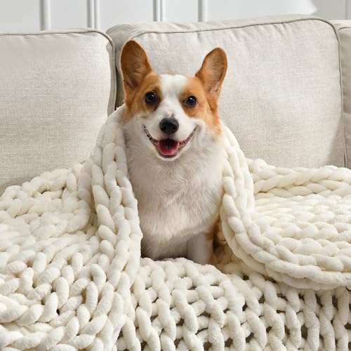 Soft Chunky Knit Blanket, 50X60 in Handmade Thick Chenille Yarn Throw Without Shedding & Raveling, Aesthetic & Cozy Home Decor with Couch Sofa Bed, Gift Pack, Ivory White - color: Ivory White, size: 50x60 inches