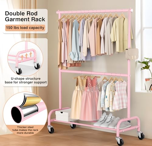 MISSLO Heavy Duty Clothing Racks for Hanging Clothes Rack Double Rod Garment Rack Rolling Closet Wardrobe Rack on Wheels, Metal, Adjustable (Pink) - color: Pink