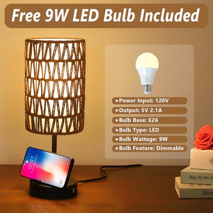Bedside Lamps Set of 2, Touch Control Night Stand Lamp for Bedroom with Rattan & Linen Shade & Bulbs, 3 Way Dimmable Small Boho Table Lamps with USB Charging Port & Phone Stand (Coffee Color) - color: Coffee-2pack