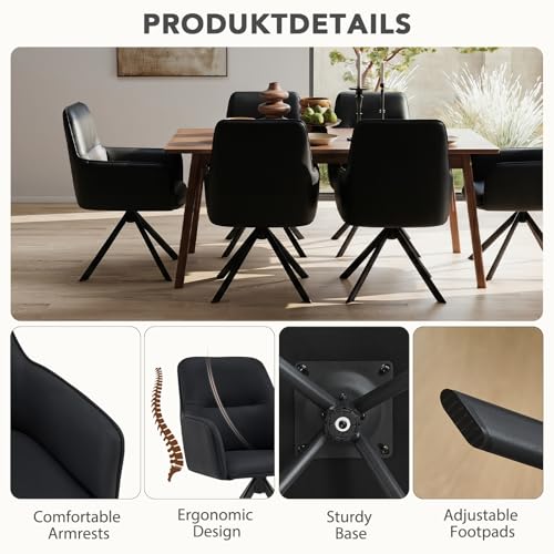 Modern Swivel Dining Chairs Set of 6, Upholstered Dining Room Chairs with Thicken Cushion, 360°Swivel Dining Chairs with Metal Legs for Dining Room, Kitchen, Bedroom, PU, Black - color: Black, size: Set of 6