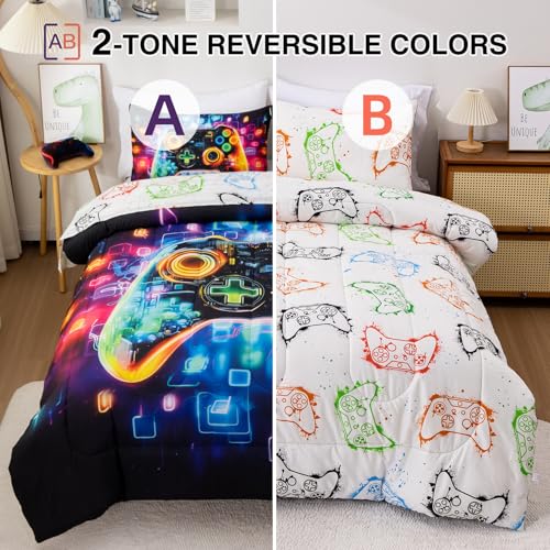 Aimuan Gamer Gaming Bedding Sets 3D Gamepad Comforter Sets for Boys Games Console Action Buttons Novelty Colorful Game Controller Modern Room Decor Home Quilt Set (Black-Blue, Full) - color: Black-blue, size: Full