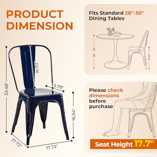 Metal Dining Chairs Set of 4,Sapphire Glow | Stackable Tolix Style Chairs for Kitchen, Restaurant, Bistro,Dining Room,18 Inch Seat Height - color: Sapphire Glow