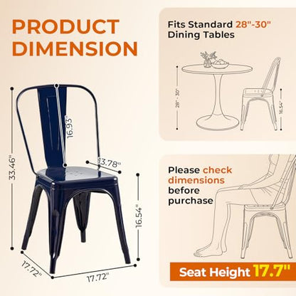 Metal Dining Chairs Set of 4,Sapphire Glow | Stackable Tolix Style Chairs for Kitchen, Restaurant, Bistro,Dining Room,18 Inch Seat Height - color: Sapphire Glow