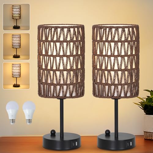 Bedside Lamps Set of 2, Touch Control Night Stand Lamp for Bedroom with Rattan & Linen Shade & Bulbs, 3 Way Dimmable Small Boho Table Lamps with USB Charging Port & Phone Stand (Coffee Color) - color: Coffee-2pack