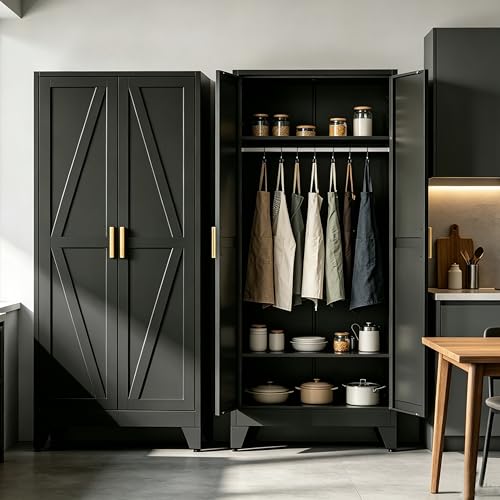 71" H Black Pantry Cabinet,Metal Storage Cabinets with Doors and Shelves,Tall Food Kitchen Cabinets,Farmhouse Kitchen Cabinet,Freestanding Cabinet - color: Black, size: 71"H-2 shelves