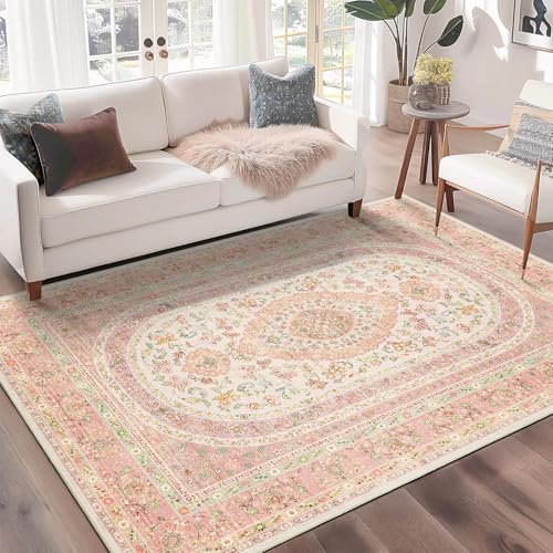 Pink Rug 3x5,Boho Washable Area Rugs for Bedroom Entryway | Small Vintage Distressed Farmhouse Non Slip Carpet for Living Room,Blush Floral - color: Pink, size: 3'x5'