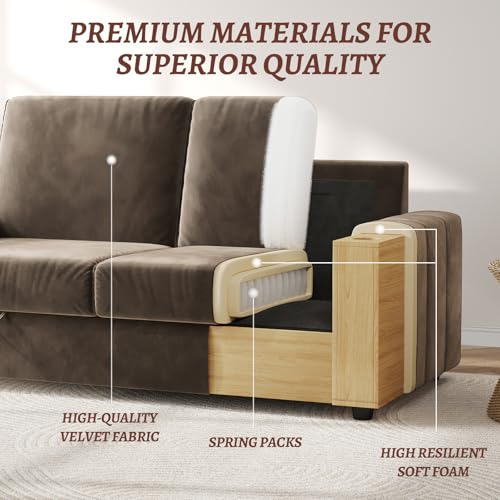 COPIAE Loveseat Sofa, Larger Couch Velvet Fabric with Storage, Charging Ports, Heightened Backrests, Removable Cover Modern Comfy Couches Easy Assembly for Living Room,88 Inch Dark Brown - color: Dark Brown
