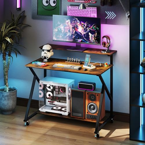 Giantex Rolling Computer Desk with Charging Station, Mobile Portable Laptop Desk with Monitor Stand & Storage Shelf, Small Desk with Lockable Wheels for Small Spaces, Home Office (Rustic Brown) - color: Rustic Brown, size: 26"D x 39.5"W