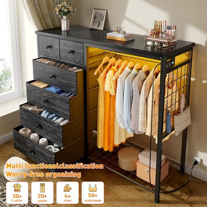 EnHomee 125cm W 드레서, 걸이용 랙 및 서랍 6개, 그리드 패널 및 후크 4개 포함 | LED 조명 및 충전 스테이션, 침실용 나무 상단 정리 유닛, 스틸 프레임이 있는 서랍장, 블랙 - color: 블랙.