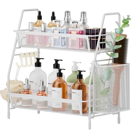 2 Tier Bathroom Countertop Organizer, Vanity Storage Shelf, Small, White | Bathroom Counter Organizer, Vanity Makeup Tray Shelf, Kitchen Spice Rack, Metal Wire Mesh, with Basket Hooks - color: Small White Wire Mesh
