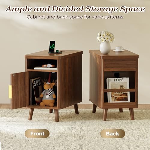 Huuger Narrow End Table with Charging Station, USB-C Port | Fluted Nightstand with Storage Cabinet, Back Rack, Farmhouse Side Table for Small Spaces, Night Stand, Walnut - color: Walnut