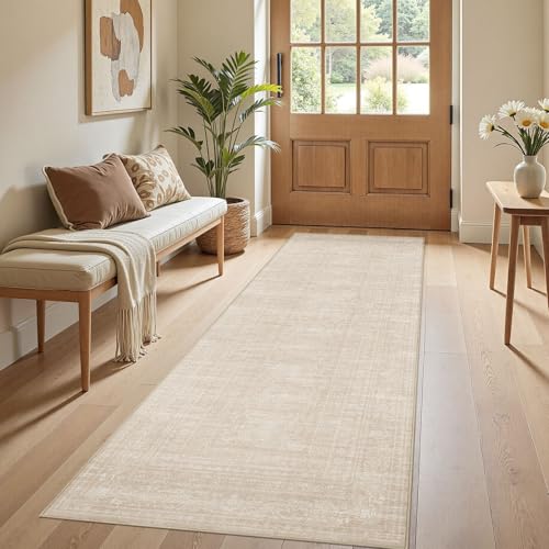 Nakagishi Neutral 2x6 Runner Rug Non Slip Carpet Washable, Beige | Pet & Kid Friendly, Machine Washable, Soft, Stain Resistant, Low Pile Rugs for Kitchen Hallway Daily Vintage Home Decor - color: Beige, size: 2' x 6' (Runner)